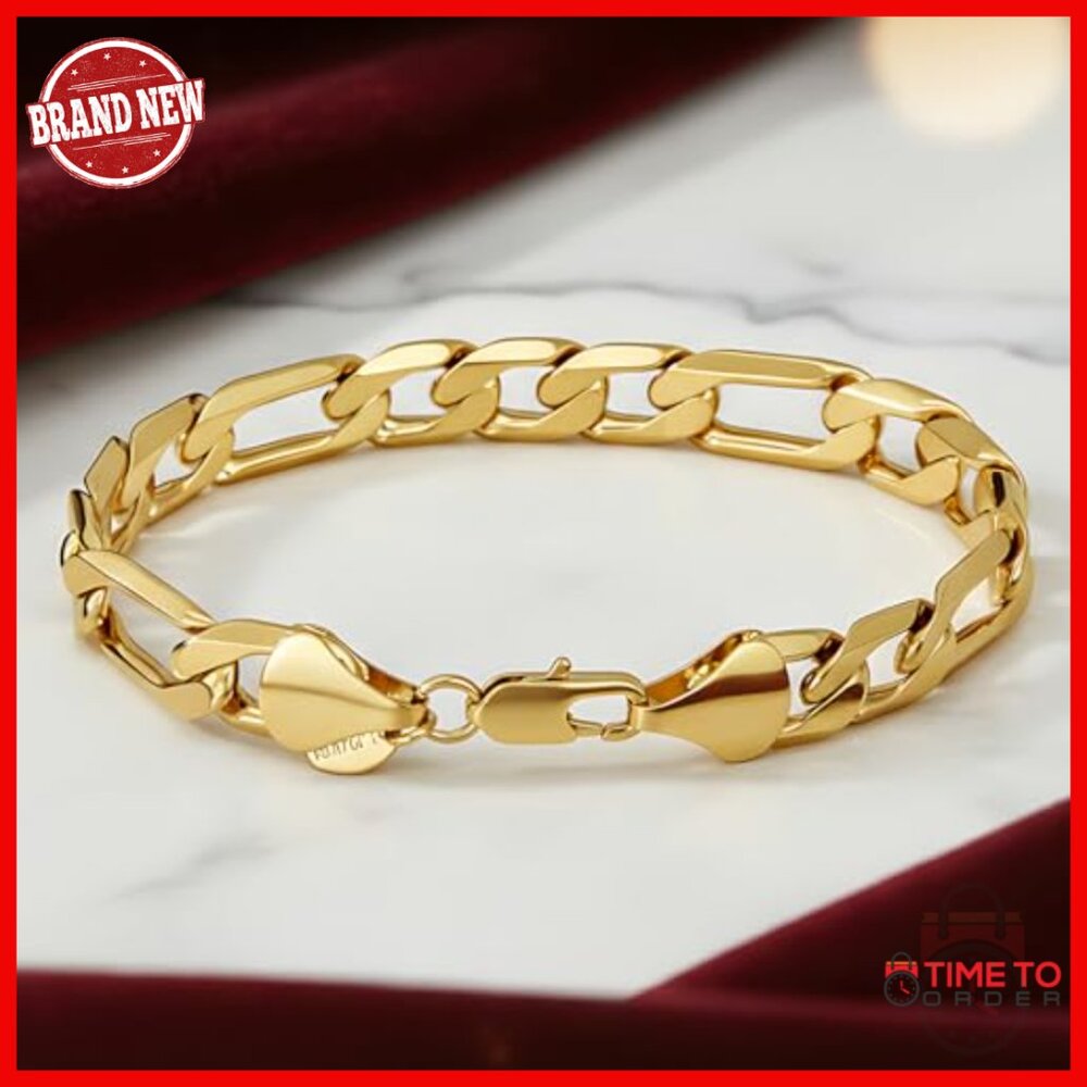 11mm Figaro Chain Bracelet 24k Gold Plated Unisex Sizes 8-10 Inch - Picture 3 of 7